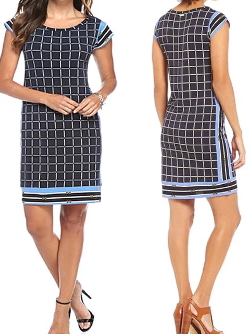 Michael Kors Cap Sleeve Grid Border Print Shift Dress Blue Black Women’s M